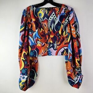 LOVE X DESIGN Balloon Sleeve Cropped Psychedelic Top Blouse Shirt Festival‎ LS M
